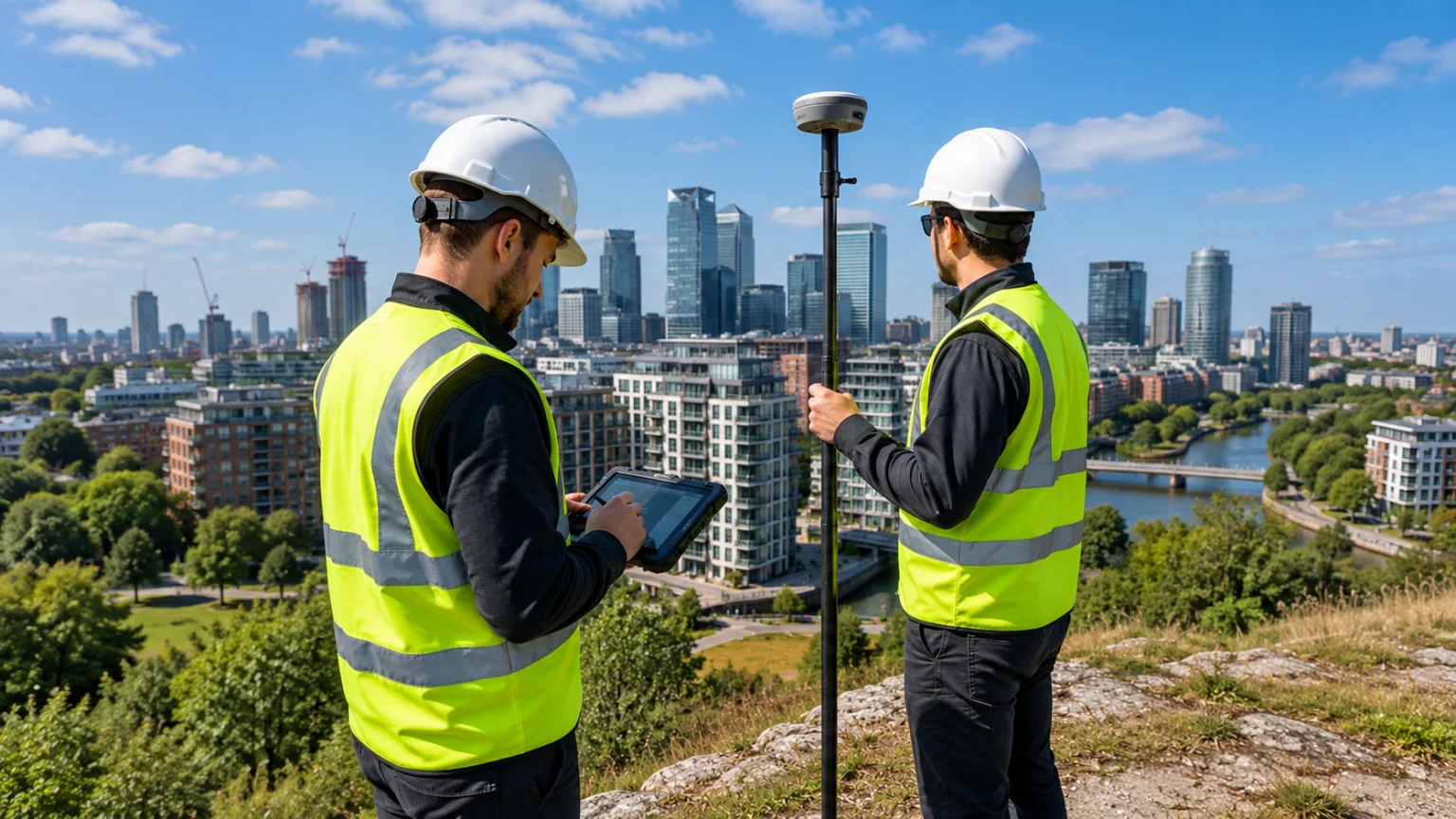 Геодезисты с GNSS-ровером и контроллером на фоне современного города